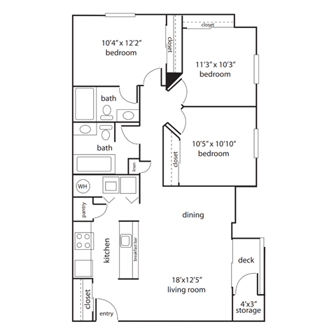Floor plan for 3 beds, 2 baths, 1120 sqft